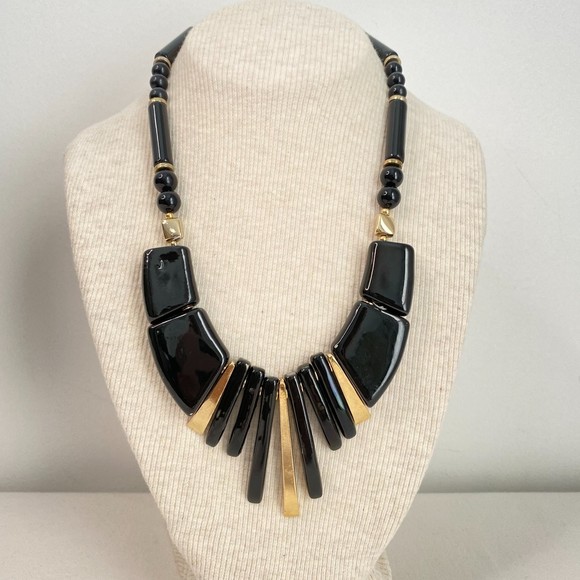 Vintage Japan Black Gold Chunky Statement Necklace - Picture 1 of 6